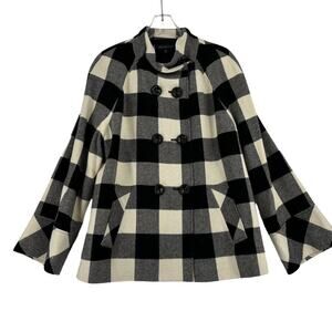 Anne Klein Lambs Wool Jacket Size XL Black White Buffalo Plaid Pea Coat Lined